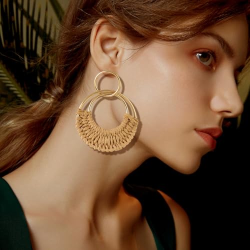 Handmade Raffia Hoop Earrings Statement Tropical Bohemian Straw Dangle Earrings Natural Rattan Vacation Style Round Earrings for Women Summer Beach Party Essential Jewelry4