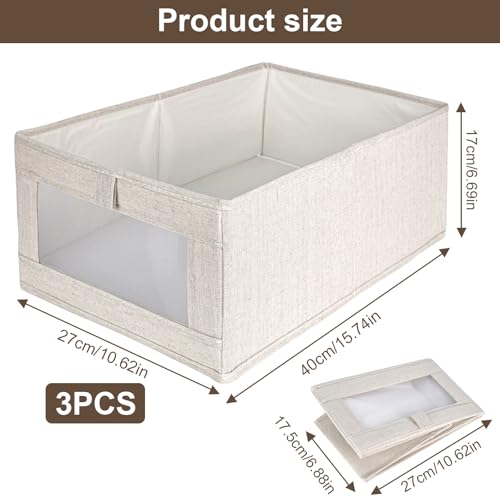 Rzspher 3 Stück Aufbewahrungsbox,40cm x 27cm x 17cm Aufbewahrungsboxen für den Kleiderschrank,faltbarer Stoff Aufbewahrungswürfel mit transparentem Fenster für Kleiderschrank,Kleidung,Bücher,Kosmetik