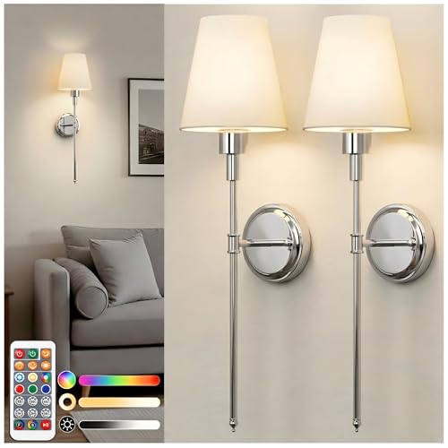 Image of DORESshop Battery Operated Wall Sconce Set of 2, Wireless Wall Light Easy to Install, 7 Color Rechargeable Wall Sconces, Sconce Wall Decor Set of 2 for Bedroom, Living Room, Chrome, 24.6in