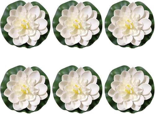 Wyjuan 6Pcs White Artificial Lotus Flowers Large Floating Lotus Flowers Faux Artificial Plants with Artificial Lily Pads Water Lily Fish Pond