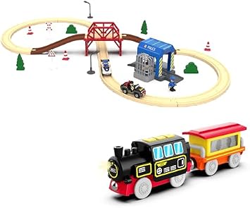 Battery Operated Locomotive Train with Wooden Track Set for Kids Age 3+ Compatible with Thomas, Brio, Chuggington