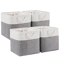 ICEMOR 28 x 28 x 28 cm Cube Storage Boxes, 4 Pack Large Collapsible Fabric Storage Bin with Ropes, Foldable Storage Cubes for Home, Office,Closet, Clothes, Toys Organizer (White & Grey)