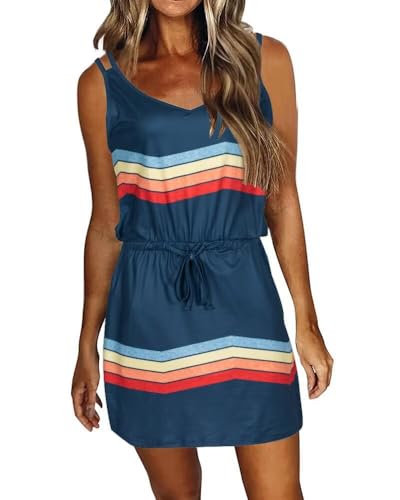 Image of Women's Summer Dresses Casual Drawstring Dresses Sleeveless Halter Dresses Crew Neck Short Dress for Women
