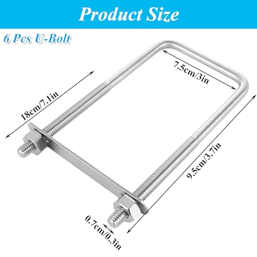 Image of QTLCOHD 6Pcs Square U Bolts 3 /8 inchx3 inchx7 inch Stainless Steel U-Bolts with Nuts and Frame Plates Square U Clamp for Boat Trailer Tube