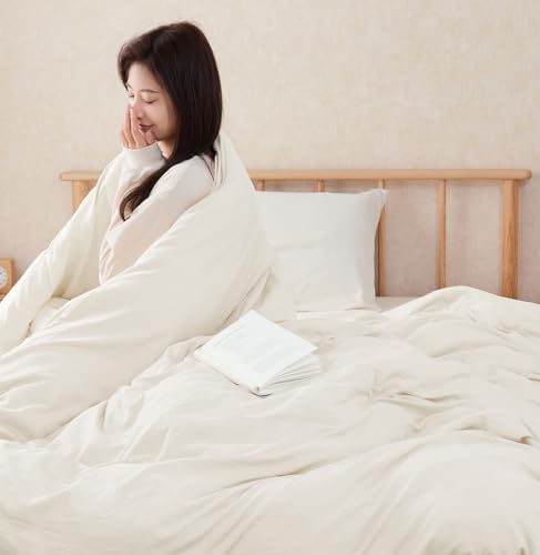 fuwawa 掛け布団カバー シングル 【洗いざらし・CICA保湿加工・極柔な肌触り】かけ布団カバー 超吸水速乾 8箇所スナップボタン ダブルファスナー 【防ダニ99.9%・エッコテックス認定・アレルギー対策】シワ加工 ピーチスキン しっとり 丸洗い 抗菌防臭 オールシーズン布団カバー 日本企画(シングル・150X210cm アイボリー)