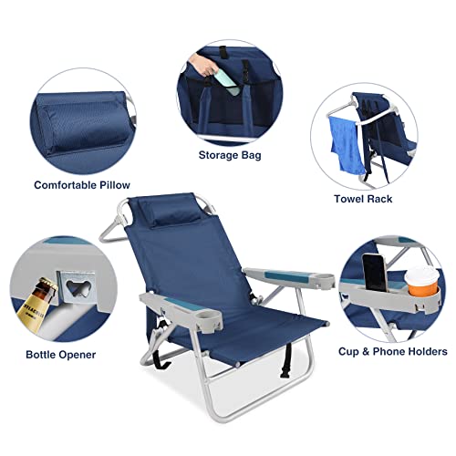 Redswing Portable Backpack Beach Chair, Multi-Position Folding Low Beach Chair For Adults, Aluminum Heavy Duty Compact Chair For Concert, Beach, Picnic, 2 Pack Of Blue #TOP6