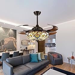 Lampara Ventilador Tiffany Ventilador de Techo con Luz y Mando Tiffany 6 Velocidades Reversible Lampara Ventilador Techo 3 Colores Invisible Aspas Retráctiles Ventiladores de Techo con Luz para Salon Dormitorio-A