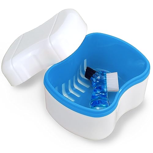 Keedolla Denture Boxes with Cleaning Brush, Denture Retainer Case Denture Bath Cleaning Soaking Cup Mouth Guard Holder Case Holder - Blue