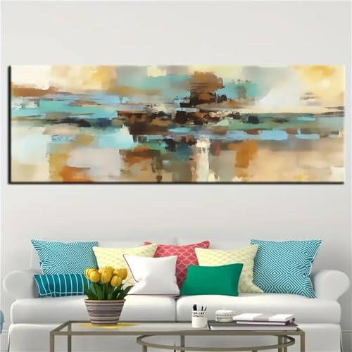 Peinture sur toile abstraite moderne bleu blanc jaune encadrée 55x165cm