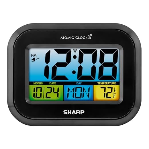 Sharp Atomic Digital Alarm Clock, Battery Operated Self-Setting Digital Wall or Desk Clock, Easy to Read Color Display Nightlight with Indoor Temperature and Calendar
