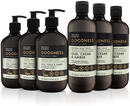 Baylis & Harding Goodness Body Wash Bundle: 3 x 500 ml Lemongrass & Ginger & 3 x 500 ml Oud, Cedar & Amber (6 bottles) - Vegan Friendly