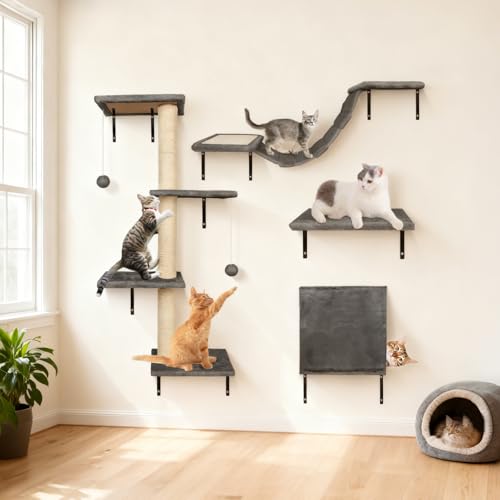 Mobili da Parete per Gatti, Masthome Set di 4 Scaffale da Parete per Arrampicata per Gatto, con Tiragraffi, Scala, Casetta e Posatoi, Mensole Gatti da Parete per Dormire e Giocare, Grigio