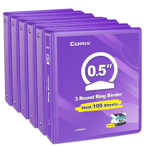 COMIX 3 Ring Binder 1/2 inch with Clear View Cover 0.5 View Binder Holds 100 Sheets of US Letter Size Paper 6 Pack (Purple)
