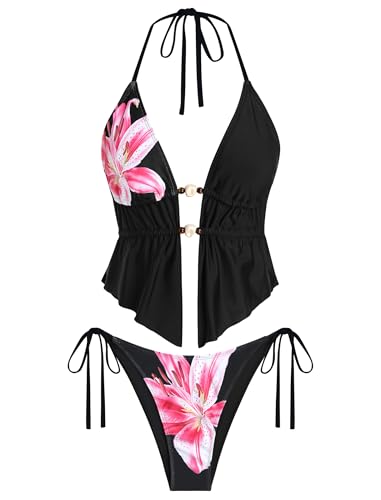 Image of ZAFUL Halter Swimsuits for Women Textured Backless 2 Piece Bathing Suits Cheeky High Cut String Tie Side Bikini Sets