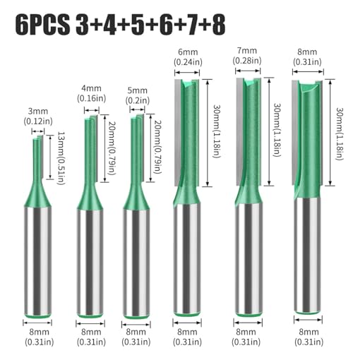 Powerruif 6 Stück 8mm Schaft Nutfräser, Holz Nutfräser Set für Oberfräse Mehrere Größen Fräser Set Router Bits Holzfräser Fräsfräser-Bits für Holz Fräser Schneiden Nutfräsen Rillenmeißel-Bits