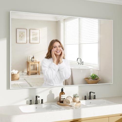 Image of Koonmi White Rectangle Wall Mirror, 36x48 Inch Bathroom Mirror, Aluminum Frame Vanity Mirror for Entryway, Living Room, Bedroom Bathroom, Hangs Horizontally or Vertically