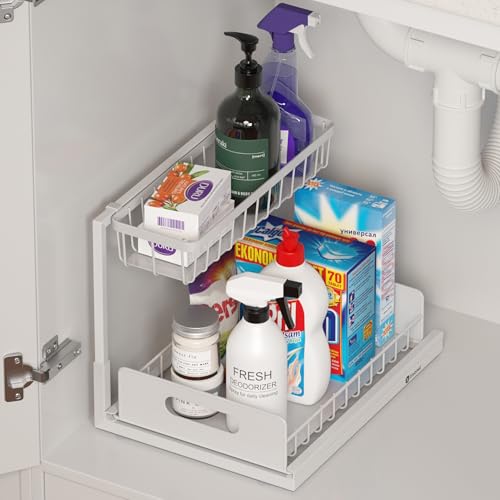 Organizador de 2 niveles para debajo del lavabo | Estante deslizante extraíble para cocina, baño o lavandería | Diseño en L, marco metálico resistente al óxido | Blanco (paquete de 2) miniatura 6
