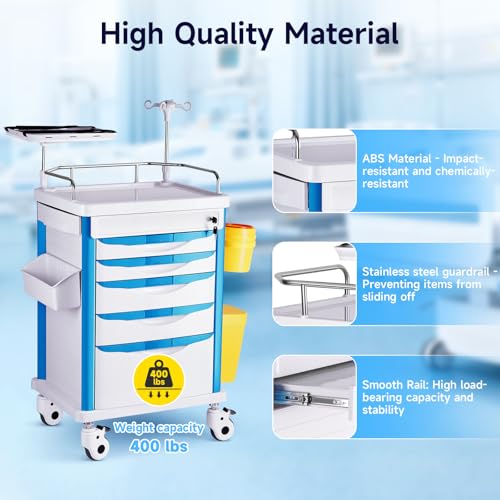 DeerPlanet Medical Carts with Wheels, 5-Tier Storage, Adjustable IV Pole, Silent Casters, Trash Bins, O2 Holder, Needle Disposal Holder & CPR Board, Rolling Medical Cart for Hospital Salon Lab Clinic