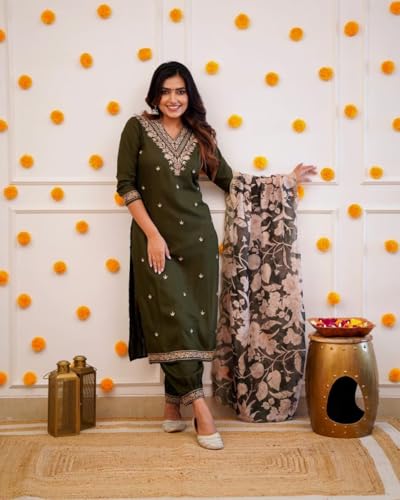 Image of Women Afghani Viscose Rayon Kurta Pant Dupatta Set with Embroidered Neck Work and Floral Print Organza Dupatta | Ethnic Straight Suit Set