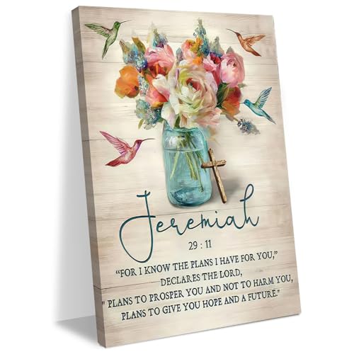 Framed Jeremiah 29:11 Bible Verse Wall Art Christian Floral Poster with Hummingbirds and Cross Scripture Canvas Painting Prints Faith Religious Picture Dcor for Bedroom Living Room 12x16Inches