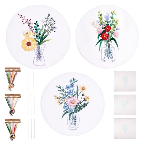 Image of Magibeads 3 Sets Beginner Embroidery Kit Vase Flower Arranging Cross Stitch Patterns Crochet Kit with Embroidery Thread Fabric Instruction Knitting