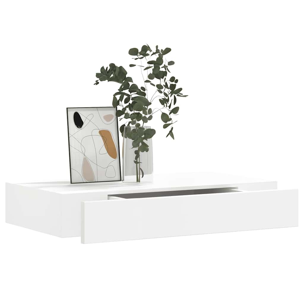 Estantería de pared con cajón MDF blanco, 48 x 25 x 8 cm, estante flotante para dormitorio, baño, oficina, pasillo, decoración, fijación invisible, alta capacidad de carga