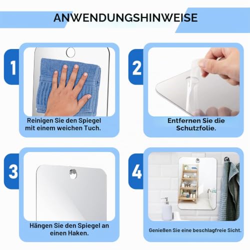 Duschspiegel,Rasierspiegel,Spiegel Dusche,Antibeschlagdesign,Geeignet Zum Duschen, Rasieren Und Schminken,Hergestellt Aus Schlagfestem PC-Material, Kann Es Ohne Bohren An Der Wand Befestigt Werden