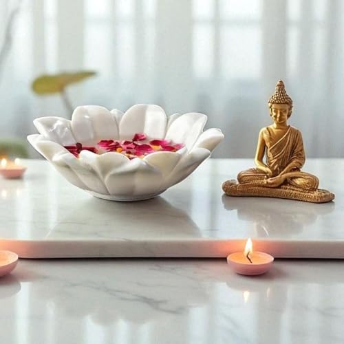 Image of Marble Urli Bowl for Decoration | Big Potpourri Decorative Bowls in Home decor | Large White Floating Flower Plates of Stone | Small Shape puja Item | (6 inch, Lotus Crest)