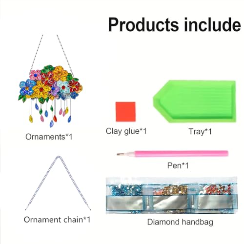 C'eitura Floral Diamond Art Painting Hanging Decor, 5D DIY Rhinestone Colorful Flower Wall Ornament with Green Leaves Dangling Charms and Metal Chain, Spring Craft Gift by C'eitura - Image 7