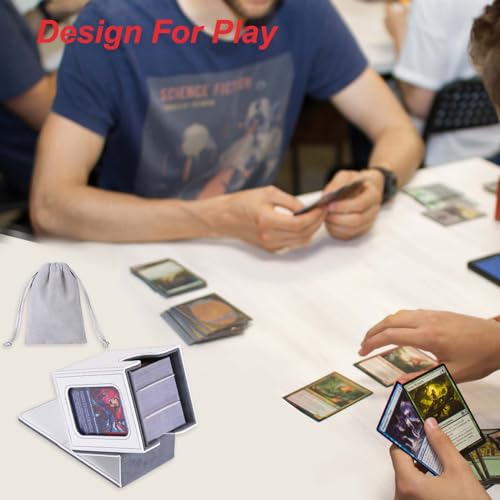 AFIING MTG Deck Box for Commander Display, Fits 100 Double Sleeved Cards, Magic Commander TCG Card Storage Box with 2 Dividers, Drawstring Bag and 1 Toploader (White/Grey)