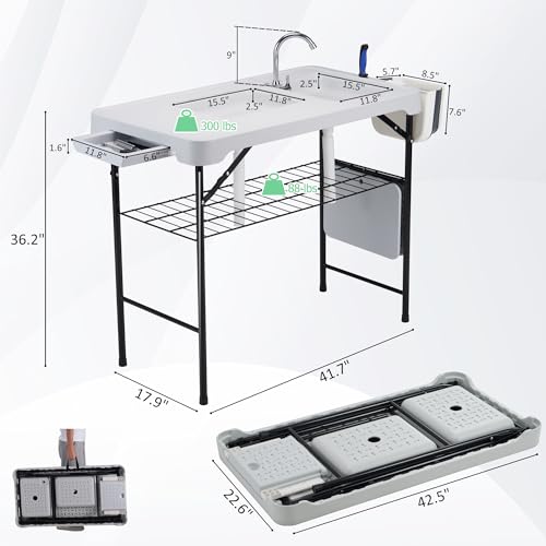 AHB 42\'\' Outdoor Fish Cleaning Table Portable Camping Sink Station with Double Sinks, Collapsible Swivel Faucet, Picnic Sink Table for Picnic Beach Patio - Thumbnail 2