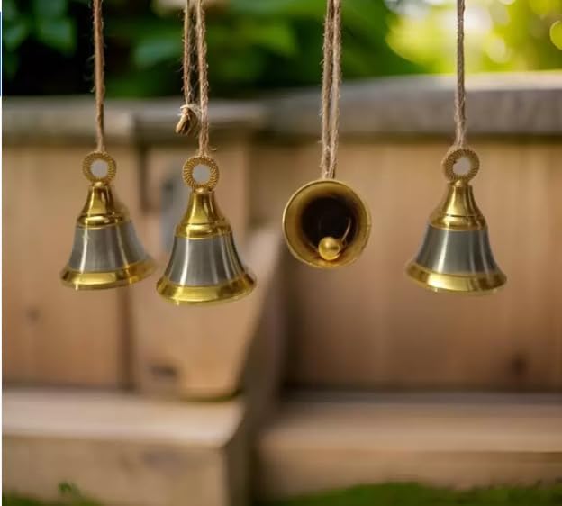 Denique Brass Hanging Pooja Bell for Festival Home/Office Temple Decoration Ghanti .H-4 C.M,Gold & Silver.Pack of (4) 3