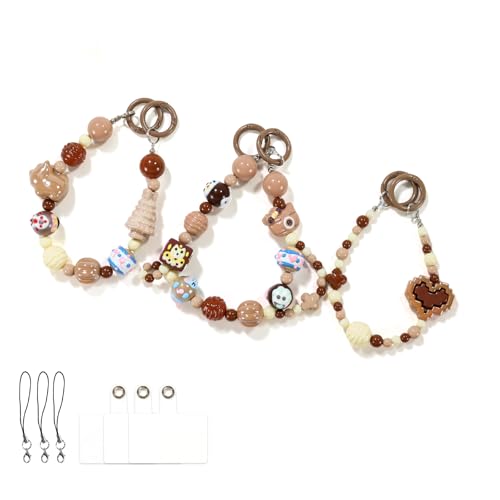 Phone Charm with 3D Handpainted Bead, Kawaii Hands-free Wrist Strap for Women Girl, Anti-lost Keychain, Cute Bag Charms Joyful Series- Brown Chocolate(3 pcs)