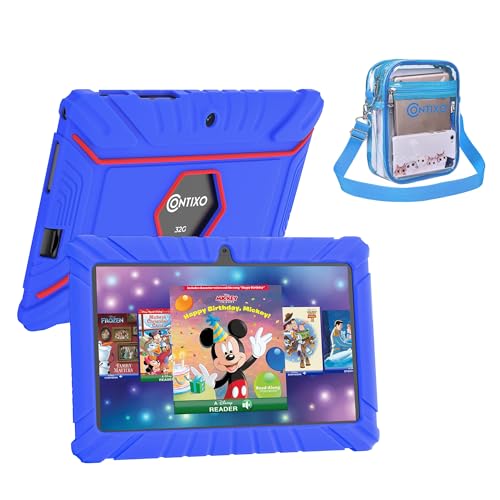 Contixo 7\" Kids Tablet - V8 Tablet for Kids & Clear Crossbody Bag Bundle, Includes 50+ Disney Storybooks & Stickers, 32GB, Android, Parental Controls, Kid-Proof Case, Dark Blue