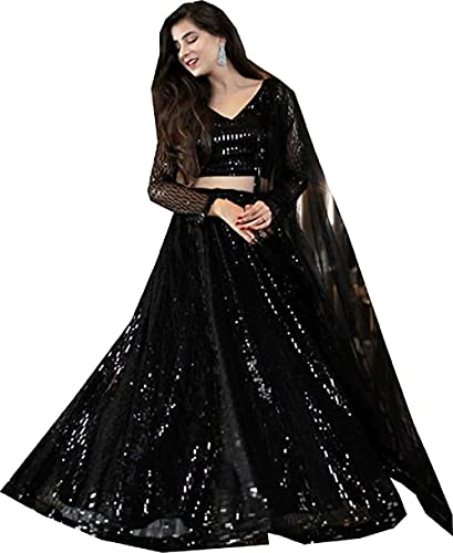 Damen Partykleidung Bollywood Designer Indian Style Lehenga mit Unstitched Choli Schwarz, Schwarz , 42 Cover