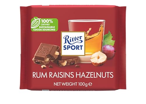 Ritter Sport Rum Raisins and Hazelnuts Chocolate Bar, 100g, Chocolate Sharing Bar