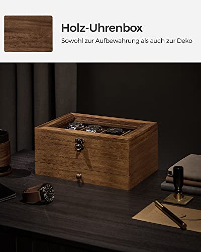 SONGMICS Uhrenbox mit 8 Fächern, Uhrenkasten aus Massivholz, mit Glasdeckel, Uhrenkissen, Schmuckaufbewahrung, Geschenk für Ihre Liebsten, walnussfarben JOW008K01