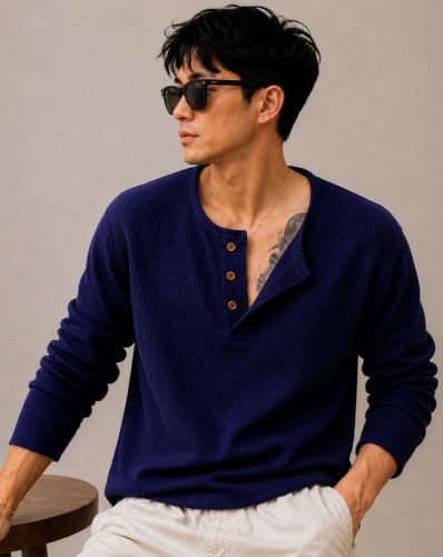 Image of AUSK Men's Textured Henley T-Shirt || Full Sleeve Ribbed Knit Button Neck T Shirt for Men || Regular Fit Casual Wear Tee || Smart Casual Tshirt for Mens