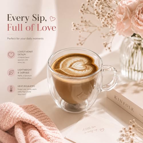 Image of AXEON Heart-Shape Glass Coffee Mug - 250ml | Double Wall & Borosilicate Glass | Heat Resistant & Transparent Cup for Coffee, Tea, Latte, Cappuccino & Espresso | Hot & Cold Beverages