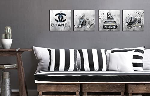 Image of Meetdeceny Fashion Wall-Art For Bedroom Women - Black And White Bathroom Decor Wall Art - Fashion Book Stack Grey Painting Canvas Artwork Size 10 inchx10 inch 4 Pieces Ready To Hang