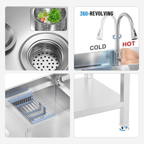 Image of 46.9Inch Stainless Steel Utility Sink 2-Compartment Commercial Sink with Pull-out Faucet, Free Standing Double Bowl Kitchen Sink for Restaurant, Garage, Shop, Cafe