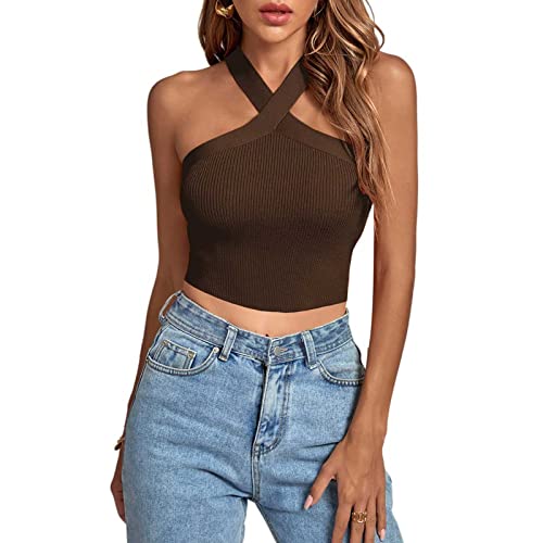 Womens Ribbed Halter Neck Tank Top Summer Sexy Navel Crop Tops Basic Solid Color Beach Cami Tops2