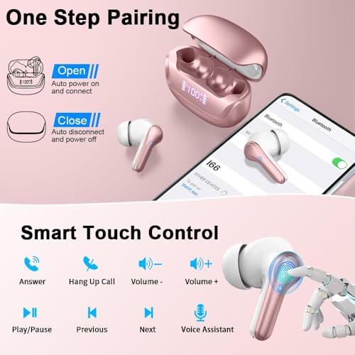 Image of Nerunsa Wireless Earbuds, Bluetooth 5.4 Headphones with 4 ENC Noise Cancelling Mic, 45Hrs Playtime Bluetooth Earphones HiFi Stereo Deep Bass, in Ear Earbuds IP7 Waterproof, Wireless Headphones Pink