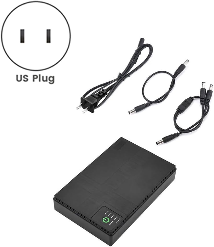 Vernijtrdy DC1018P UPS unit with included US plug AC power cable and three DC output cables.