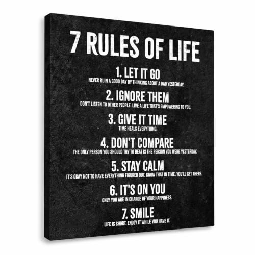 HoneyKICK 7 Rules of Life Canvas Wall Art - 12.5x15 Framed Motivational Canvas - Black and White Inspirational Wall Decor for Office, Bedroom, Living Room Wall Art for Adults