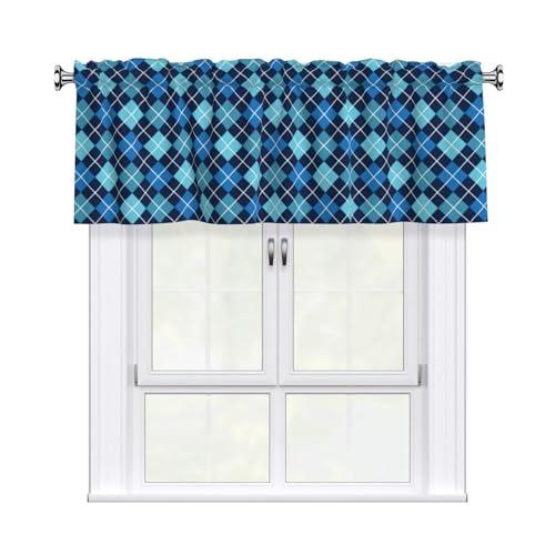 WYQFALX Blue Argyle Harlequin Tartan 54 x 18 in Short Curtain Valance, Light Filtering Small Window Curtain Topper for Kitchen Bathroom Bedroom