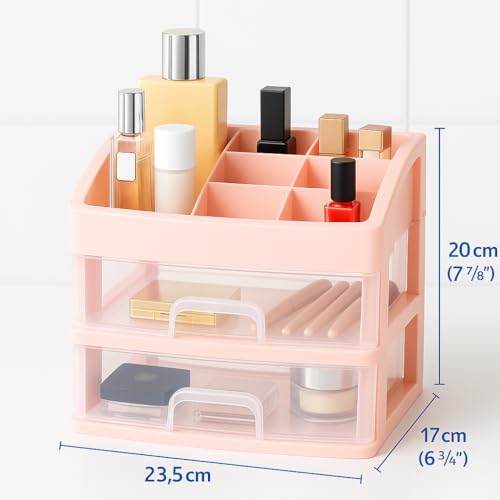 Image of JIALTO Makeup Storage Box and Organiser with 2 Layer Drawers & Top Compartment - Plastic Cosmetic Storage Box for Vanity, Skincare, Perfume, Brushes Lipsticks & More - Desktop Organizer (Pink)