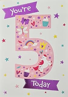 Happy 5th Birthday Card 5 Today - Peach Number with Rainbows Unicorns Cupcakes etc - for Her Girl Female