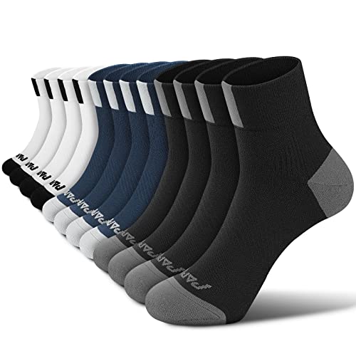 PAPLUS Women's Quarter Compression Socks 6 Pairs, Cushion Running Athletic Sport Ankle Socks with Arch Support, Black+white+navy（6 Pairs）, Small-Medium