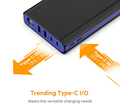EasyAcc 20000mAh Portable Charger USB C 4 Outputs & 2 Inputs USB C Power Bank with Flashlight External Battery Pack Charger Type C for iPhone iPad Samsung Android - Black and Blue